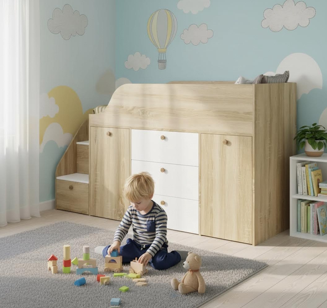 Кровать-чердак Хэппи-2 (дуб сонома + белый) 180х80