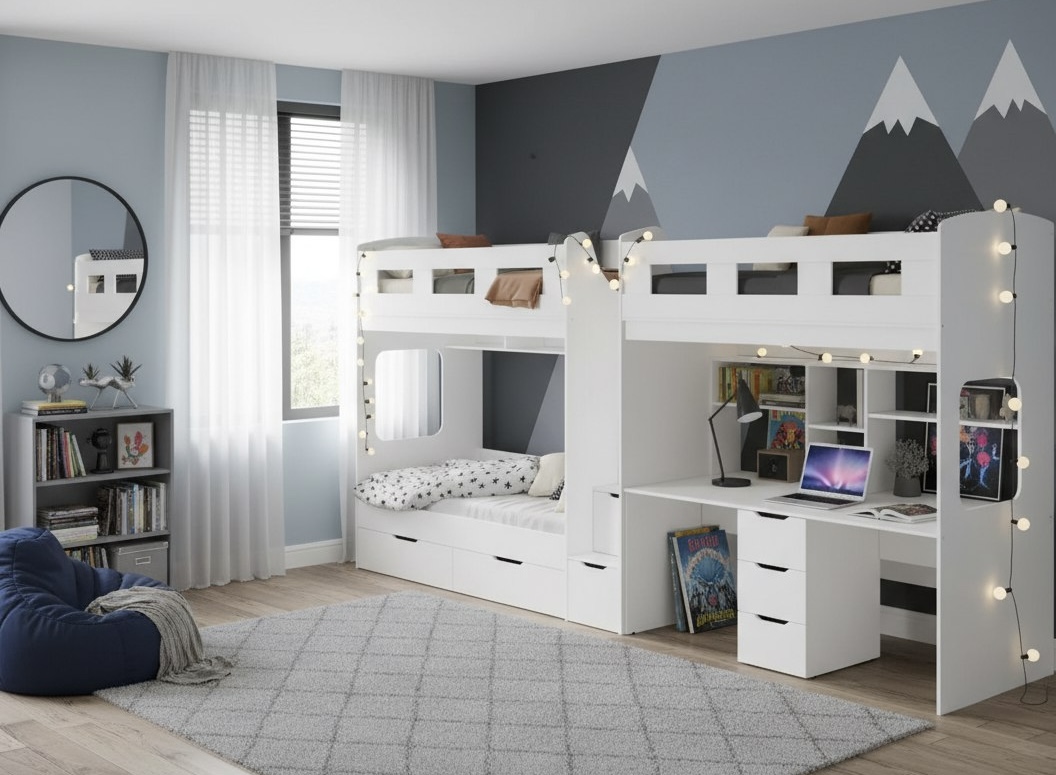 Кровать 3-х ярусная Квартет + стол для 2 детей (цвет белый)