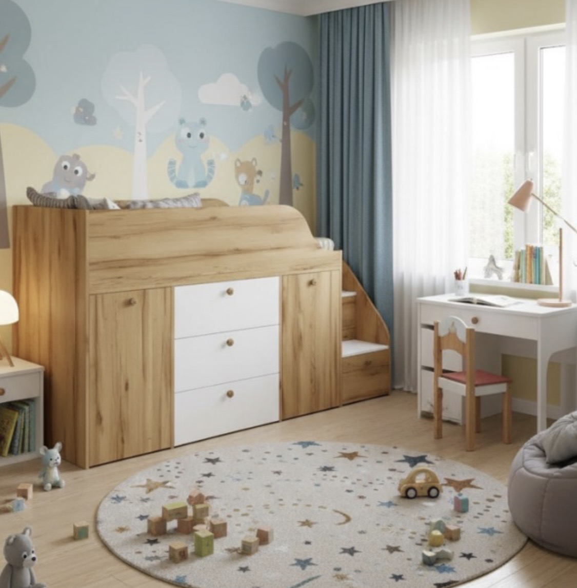 Кровать-чердак Хэппи-2 (дуб золотистый + белый) 180х80