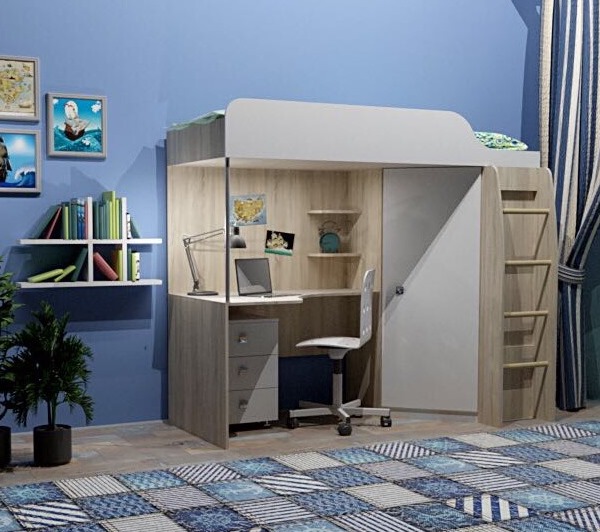 Кровать-чердак 80х200 Колледж (дуб сонома+белый) 