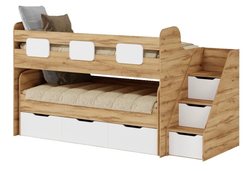 Кровать 2-х ярусная Городок (дуб золотистый + белый). Правая/левая