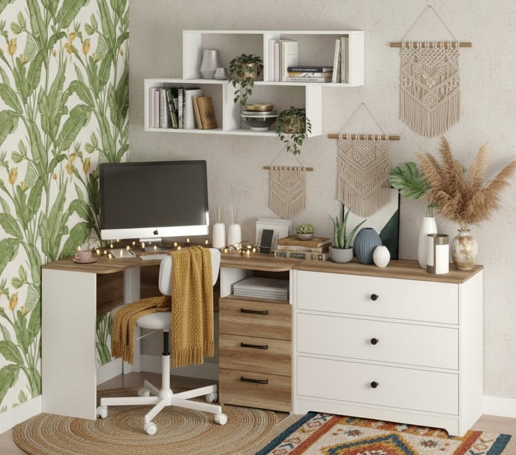 Рабочая зона для школьника: угловой стол + комод + полка