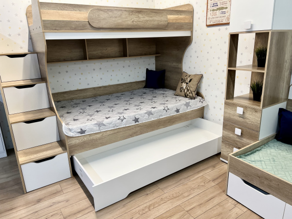 Кровать 3-х ярусная Биг 120х200 (дуб каньон + белый)