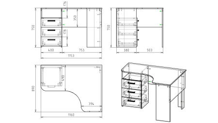 Стол угловой Престиж с 3 ящиками (цвет белый) от Династия Kids