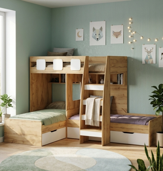 Кровать 3-х ярусная Династия (корпус дуб золотистый + фасады белые)