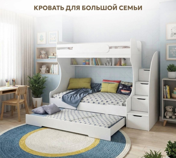 Двухъярусная кровать БИГ 90х200 с доп. спальным местом (цвет белый)  от Династия Kids