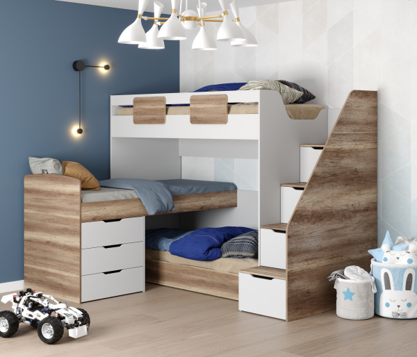 Кровать 3-х ярусная Студия 190х90 (дуб каньон + белый)