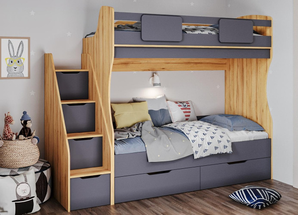Двухъярусная кровать Миа (графит+дуб золотистый) 180х80