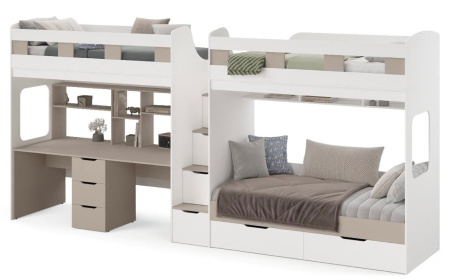 Кровать 3-х местная Квартет со столом для 2 детей (цвет белый)