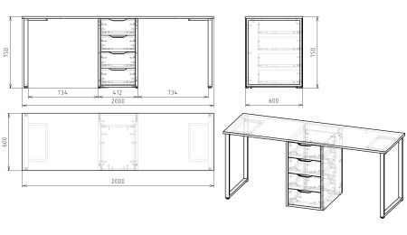 Стол Дуэт 2000 мм (белый + опоры черные) от Династия Kids