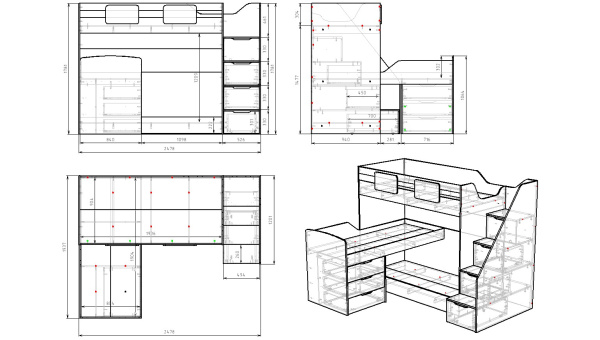 Кровать 3-х ярусная Студия 190х90 (дуб каньон + белый)
