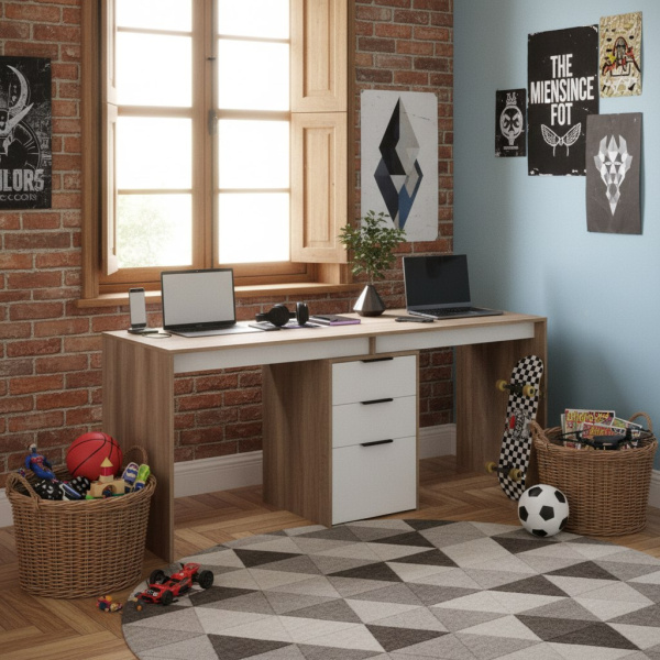 Стол для 2 детей Тандем 1800 мм (корпус дуб каньон + фасады белые)