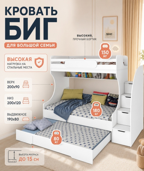 Кровать двухъярусная БИГ (цвет белый) 200х120 от Династия Kids