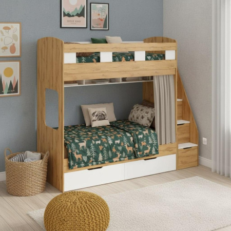 Кровать 2-х ярусная Твинс 190х90 (дуб золотистый + белый) от Династия Kids