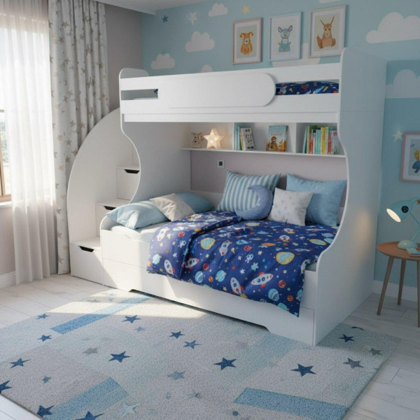 Кровать 2-х ярусная Биг (правая/левая) 200х90 дуб сонома+белый от Династия Kids
