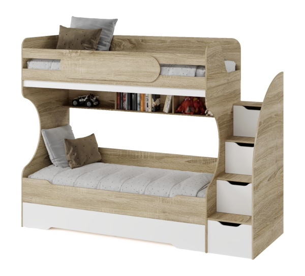 Кровать Биг с доп.спальным местом (дуб сонома + белый) 200х90 от Династия Kids