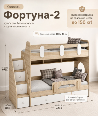 Кровать двухъярусная Фортуна-2 (цвета разные) 180х80  от Династия Kids