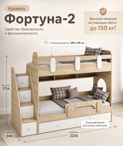 Кровать двухъярусная Фортуна-2 (цвета разные) 180х80  от Династия Kids