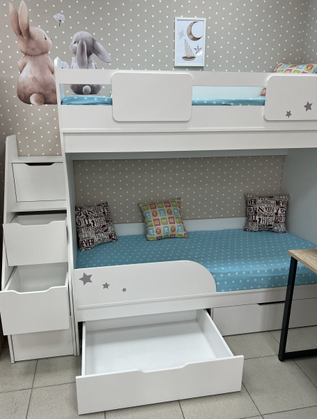 Двухъярусная кровать Дуэт 180х80 (цвет белый) с бортиком от Династия Kids