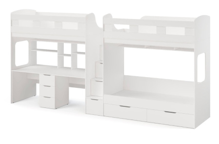 Кровать 3-х местная Квартет со столом для 2 детей (цвет белый)