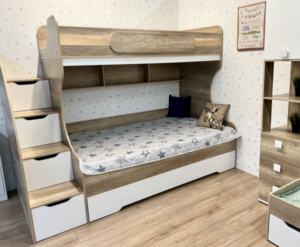 Кровать 3-х ярусная Биг 120х200 (дуб каньон + белый) от Династия Kids
