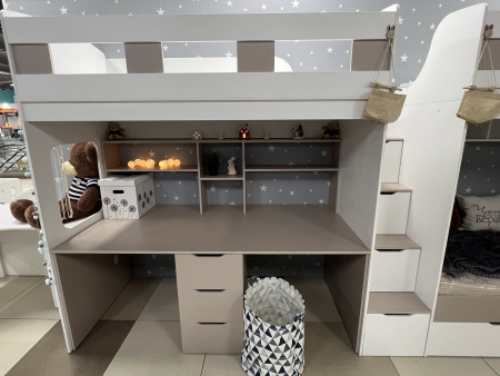 Кровать 3-х ярусная Квартет со столом для 2 детей (велюр + белый)