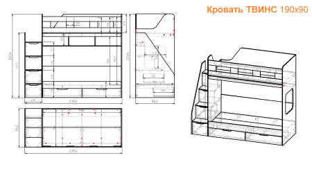 Двухъярусная кровать Твинс 190х90 (дуб сонома + белый) от Династия Kids