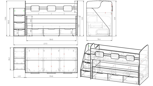Кровать 2-х ярусная Городок (цвета разные). Правая/левая от Династия Kids