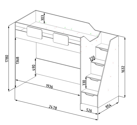 Кровать-чердак коллекции Мозаика 190х90  от Династия Kids