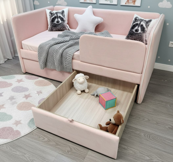 Мягкая кровать Эрмика 80х160 с ящиками. Велюр Тедди 324 (пудровый)