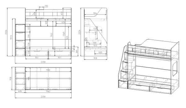 Кровать двухъярусная Твинс 190х90 (дуб золотистый + белый) от Династия Kids